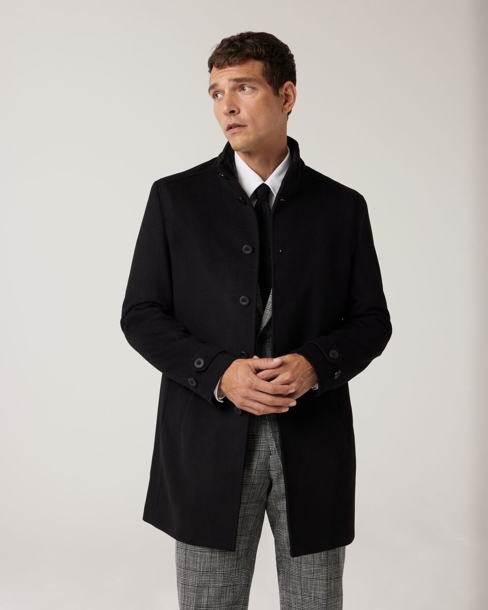 Wool Blend Funnel Neck Coat, Black, hi-res